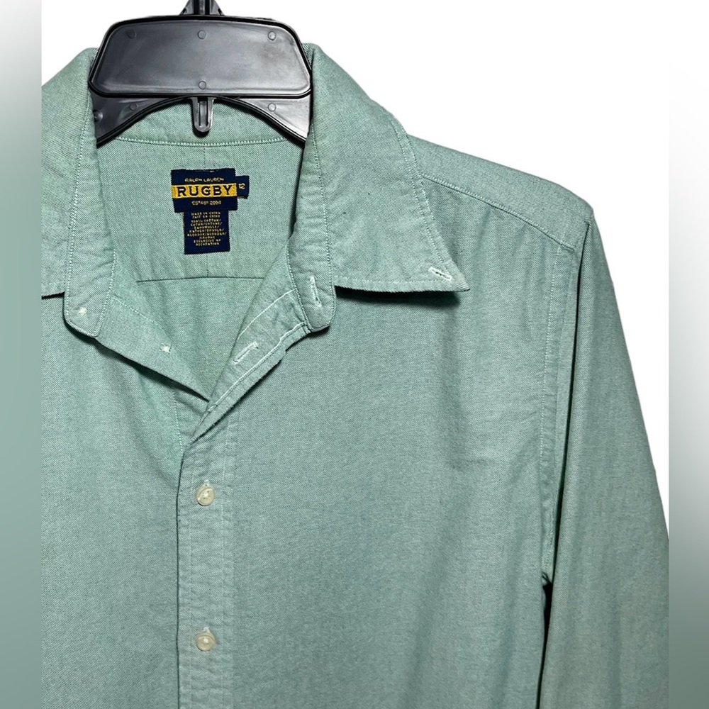 Vintage - Ralph Lauren RUGBY Green Young Long Sleeve Shirt Button Down Sz 12 (M) - Picture 5 of 7